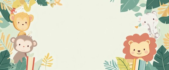 Obraz premium Cute International Childrens Book Day border with toy animals and storybooks offering space for messages concept as Cute book day frame featuring toy animals