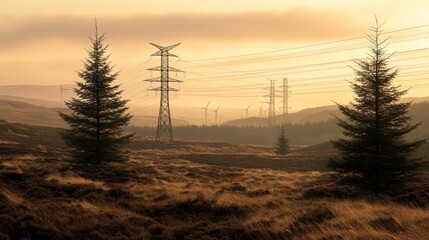 Sunrise over wind farm with power lines