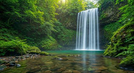 Obraz premium Lush green forest surrounds a cascading waterfall flowing into a tranquil pool