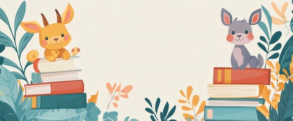 Cute International Childrens Book Day border with toy animals and storybooks offering space for messages concept as Cute book day frame featuring toy animals