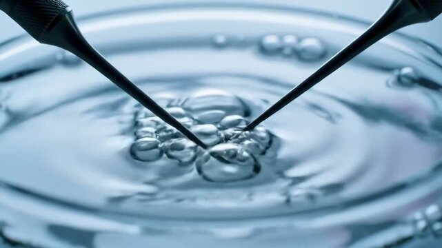 Macro laboratory cell manipulation with micro-pipettes and bubbles in petri dish, hyper-detailed scientific animation