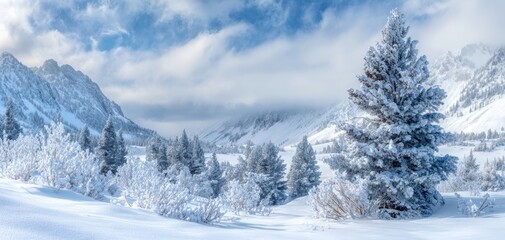 Obraz premium The serene winter landscape featuring majestic snow-covered mountains and frosty trees.