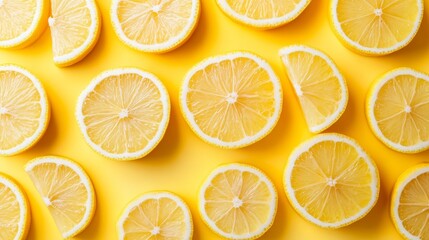 Obraz premium Fresh sliced lemon pattern on bright yellow background for fruit summer food design and citrus product visuals