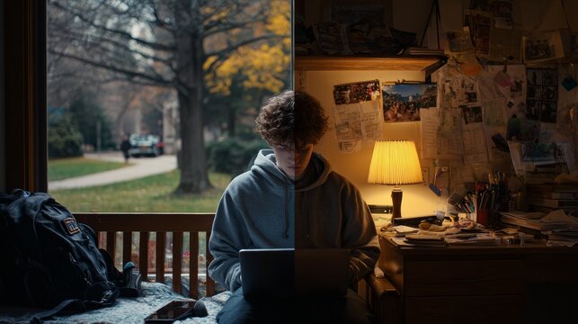 Split image of student studying indoors and looking outdoors