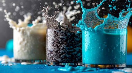 Blue milkshake splash with candy and chocolate for dessert concept advertising food product visuals design branding