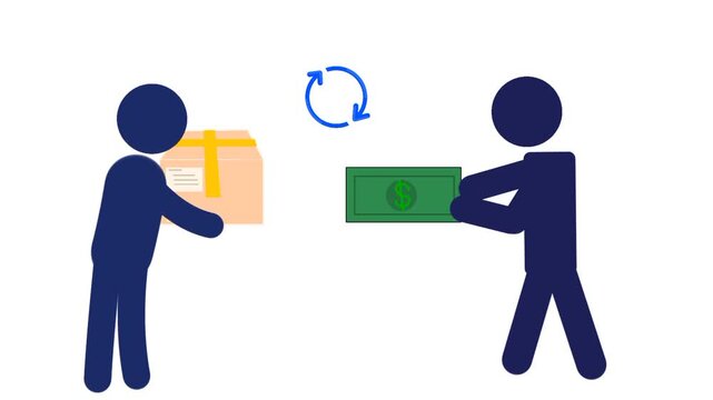 Courier animation delivering package, customer holding cash for payment. Cash on delivery concept. Modern e-commerce transaction illustration.