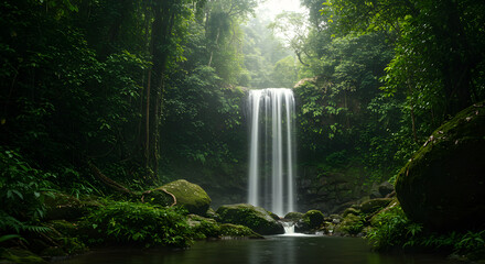 Cascading Waterfall Amidst Lush Greenery in a Serene Natural Landscape