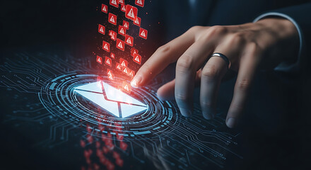 Digital Email Alert: Finger Touching Glowing Envelope with Warning Symbols.