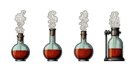 Alchemist's tools: Four vintage bottles with potion and smoke rising