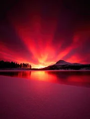 Gordijnen A stunning twilight landscape featuring vibrant red and orange hues reflecting on a serene frozen lake, surrounded by snow-covered mountains and trees, perfect for travel or nature-themed projects, © nattapon