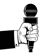 Vector art of a hand holds a microphone for a news conference, isolated on white background