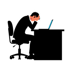 Vector art of a stressed businessman sits at his desk with his head in his hands, isolated on white background