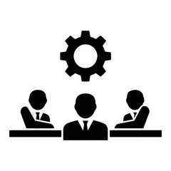 Vector art of a teamwork meeting with a gear above, isolated on white background