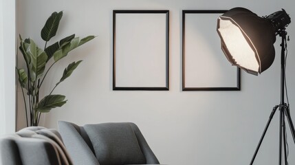 Modern interior workspace with empty photo frames lighting and plant for home decor lifestyle design inspiration