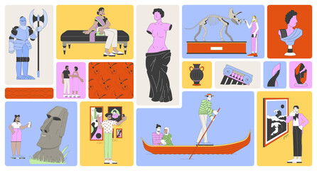 Art, history and tourists in museum bento grid illustration set. Statues, column, paintings, taking selfies 2D vector image collage design graphics collection. Diverse flat characters moodboard layout