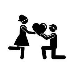 Vector art of a man is on his knee proposing to a woman with a heart isolated on white background