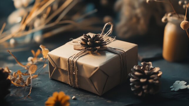 Rustic Christmas gift box with pine cones and string on dark wooden table holiday decoration photography background