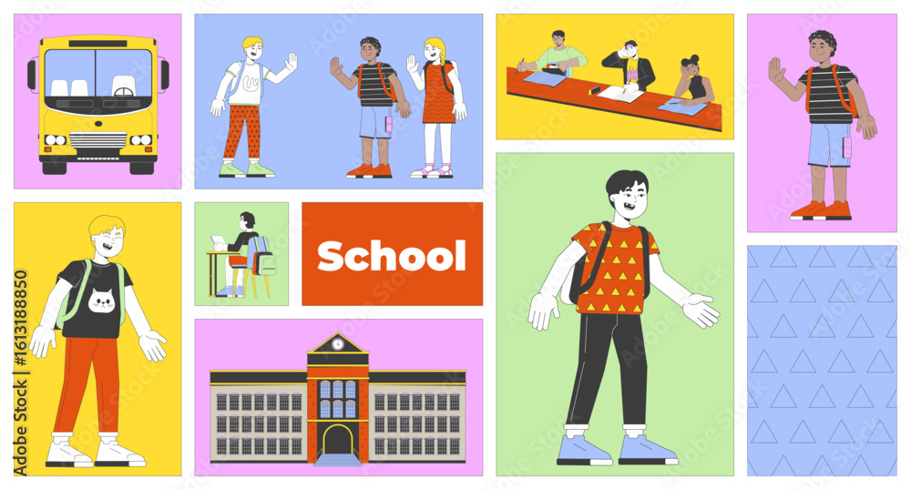 Poster children going to school and engaging in learning bento grid illustration set. students studying wit