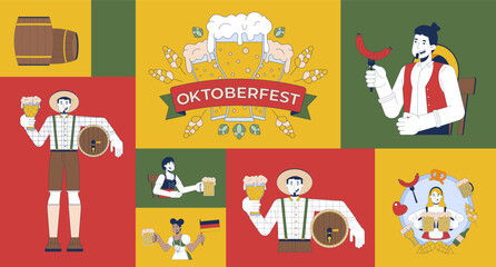 Naklejka premium Traditional Oktoberfest and Bavarian culture bento grid illustration set. Sausage, beer mugs, hop plants, barrels 2D vector image collage design. Germans, diverse flat characters moodboard layout