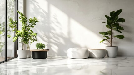 Indoor modern white living room with green plants and sunlight for home lifestyle interior design decor photography