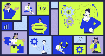 Creative problem solving and business strategy bento grid illustration set. Puzzle, gears, data analysis 2D vector image collage design graphics collection. Diverse flat characters moodboard layout