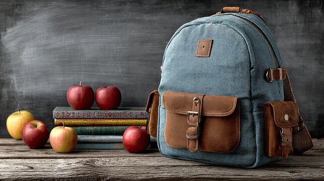 Stylish backpack with books and apples on wooden table. - Powered by Adobe