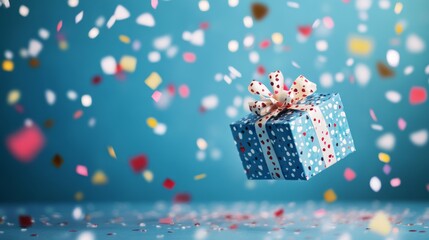 Obraz premium Gift box floating with colorful confetti explosion on festive background for holiday celebration surprise marketing visuals