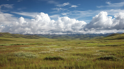Obraz premium A serene landscape featuring vast green fields under a bright blue sky, with fluffy clouds scattered across the horizon.