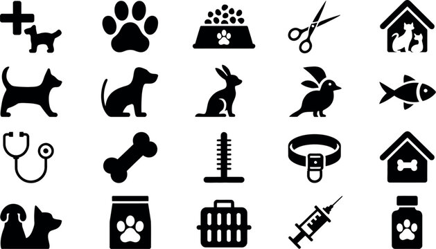 A collection of black and white pet related icons including animals, medicine, and accessories
