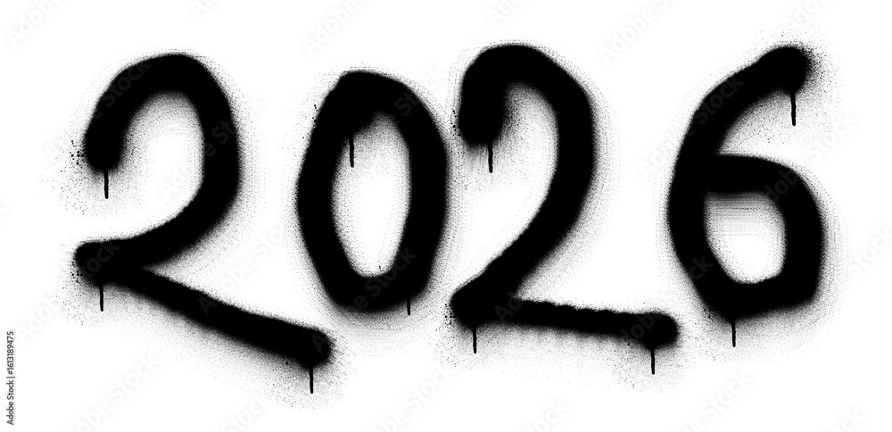 Poster a bold graffiti style rendering of the year 2026 with dripping paint on a transparent background cre