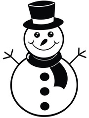 Cheerful black and white illustration of a snowman wearing a top hat and scarf winter happy
