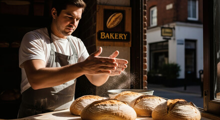Male baker dusting freshly baked artisan bread with flour in a sunlit bakery shop window.