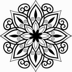 white and black ornate floral mandala with teal and peach accents background in a symmetrical design.