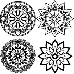set of mandala black and white circular floral designs arranged on a white background in a square format