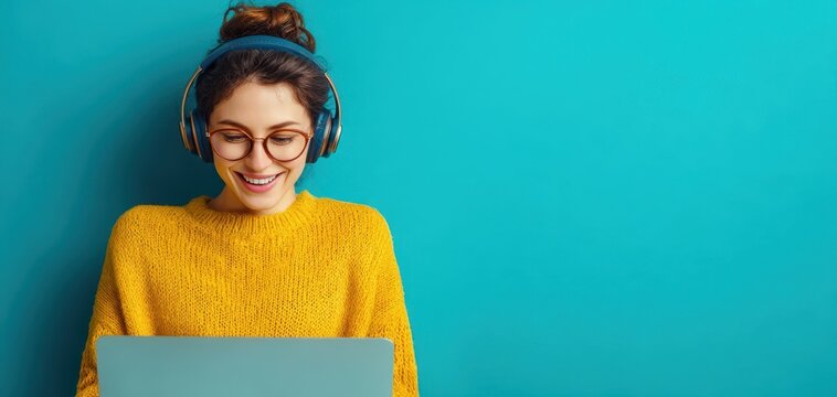 The woman in a yellow sweater enjoying music while working on her laptop.