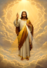 Fototapeta premium Jesus Christ Blessing, Heavenly Portrait Religious Art, Christian Deity, Cloud Background, Light and Glory.