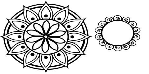  modern set of mandala black and white circular floral designs arranged on a white background in a square format.	