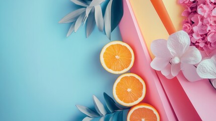 Summer orange slices and tropical leaves on vibrant blue pink background for fresh citrus fruit photography inspiration branding