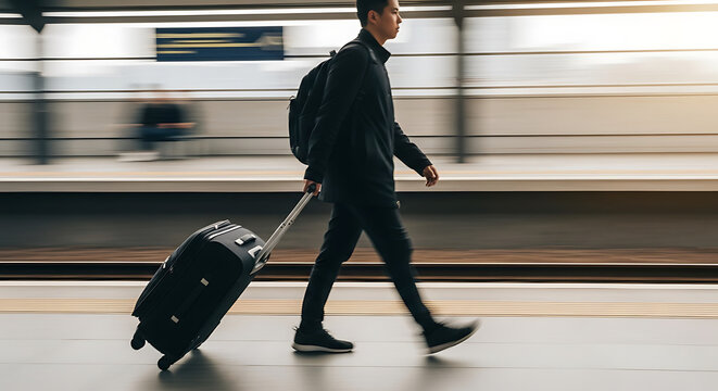 Young male traveler in black attire walking briskly pulling a rolling suitcase captured with motion blur.