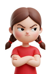 Cartoon Girl with Crossed Arms, Expressing Anger and Frustration, Cute 3D Character.