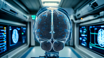 Transparent brain model in a futuristic medical lab setting.  Complex neural pathways are visible. Multiple monitors display brain scans