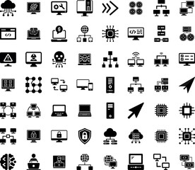 A comprehensive collection of network and computer technology icons represents modern connectivity