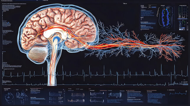 Detailed anatomical illustration of a human brain and nervous system, overlaid with diagnostic data and charts.  Visible are brain structures, nerves, and a representation of neurological pathways