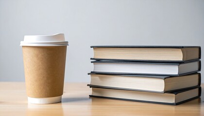 Fototapeta premium Coffee cup next to stack of books.