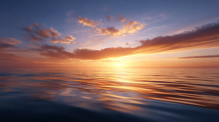Obraz premium A stunning sunset over a calm ocean, reflecting vibrant colors in the serene water and creating a peaceful atmosphere.