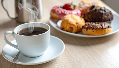 Coffee cup with pastries and breakfast table.