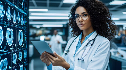 Focused medical professional in modern clinic, holding digital tablet in front of large screen displaying brain scans