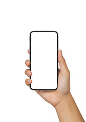 Hand Holding Smartphone with Blank Screen - Mockup, Technology, Mobile Device, Isolated on White.