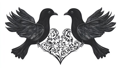 Obraz premium Birds in Heart Shape; Stylized Illustration; Decorative; Print; Tattoo; Stock Photo; Digital Art; Suitable for Print