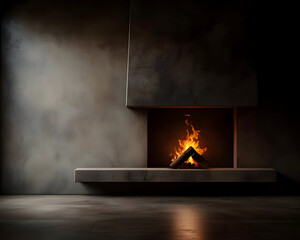 Modern fireplace in a dark, textured room.  A glowing fire warms the space.  Stone hearth and wall